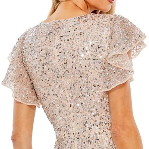 MAC DUGGAL 10801 SEQUINED V-NECK FLUTTER SLEEVE NUDE/SILVER MIDI TRUMPET DRESS 6 - Picture 4 of 6